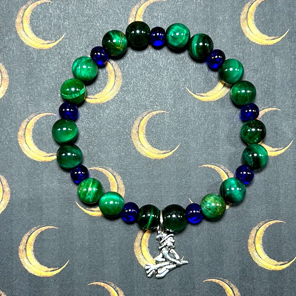 Handmade Halloween Witch Charm Bracelet with Natural Tiger Eye Stones!